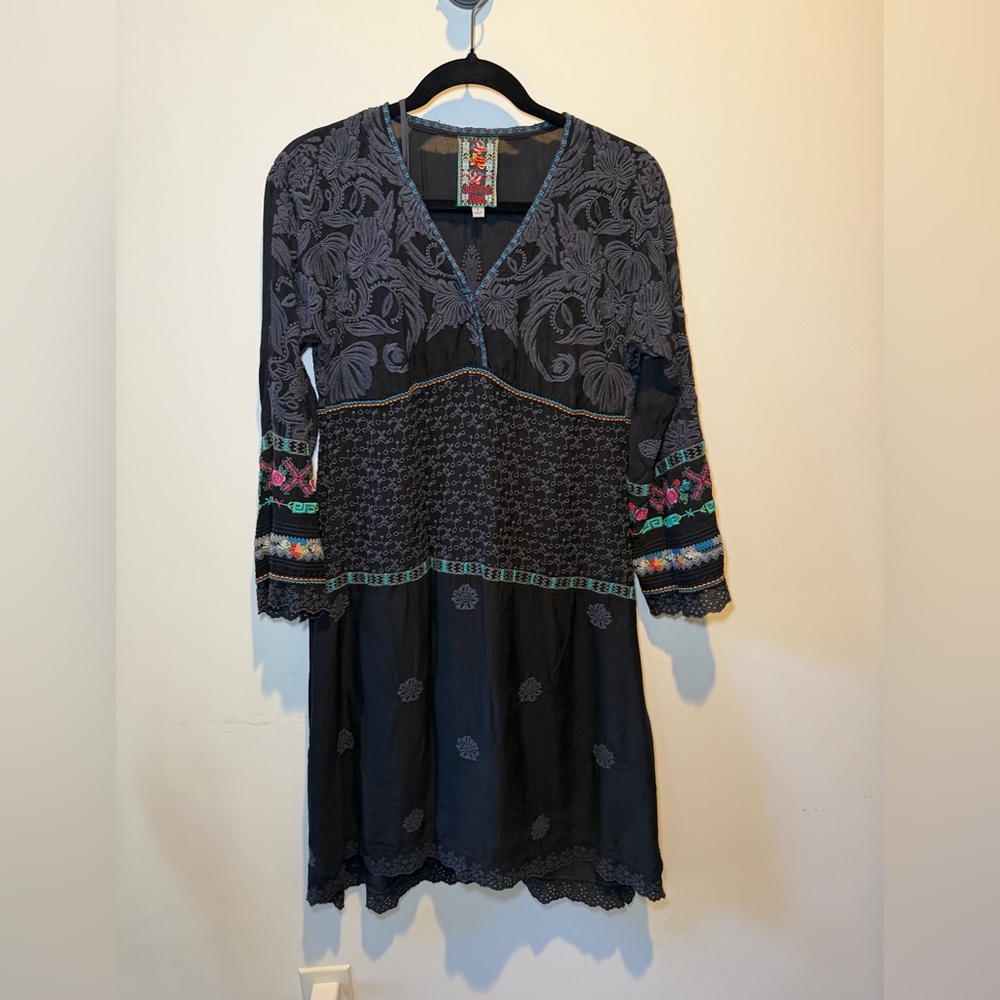 Johnny‎ Was Black Dress with Blue Embroidery